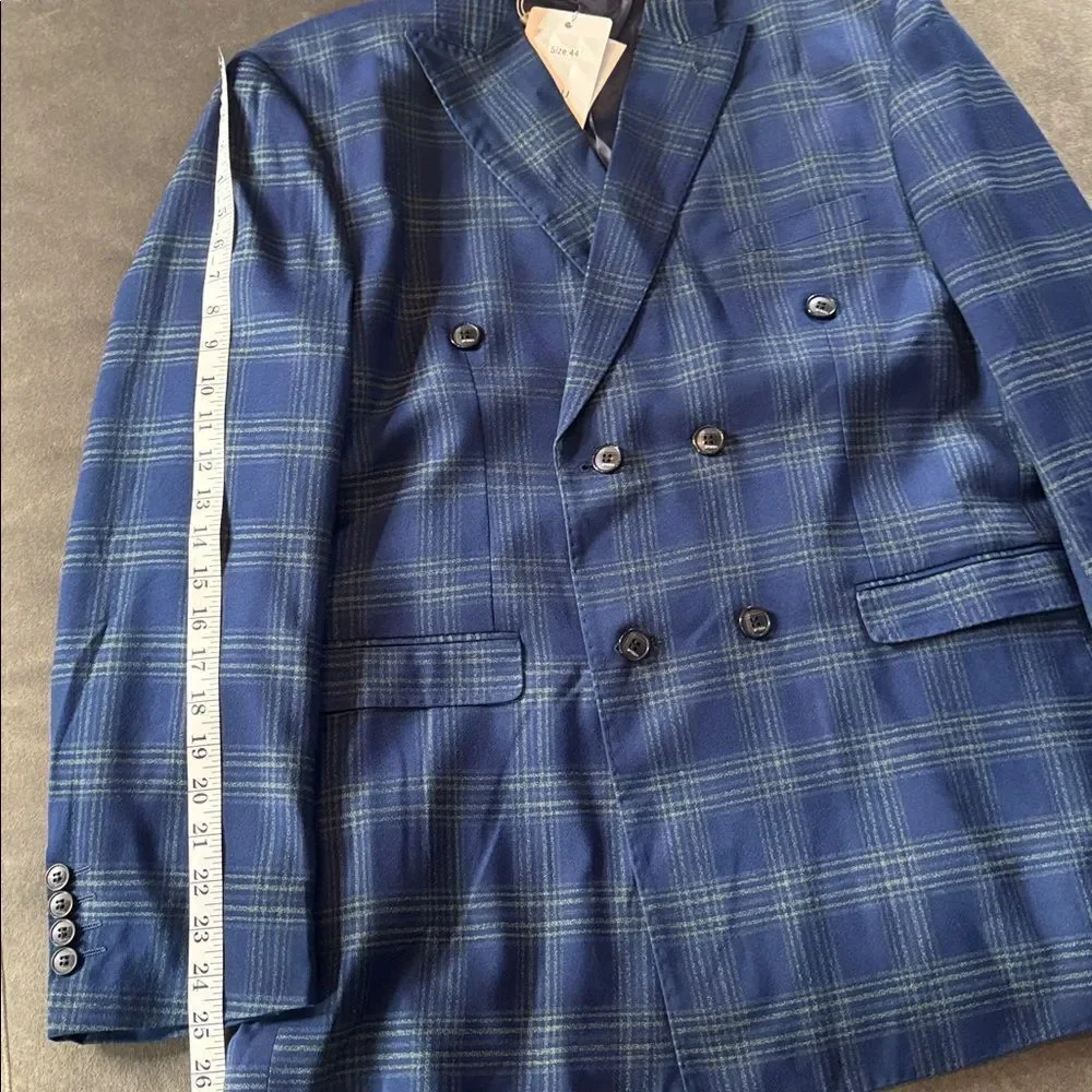 Men’s Blue Plaid 3 Piece Double Breasted Suit Peak Lapel 44 Jacket 40 Pants NEW